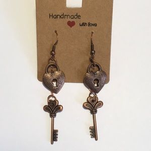Copper Tone Heart Lock & Key Dangle Earrings NWT